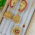 Temple Jewelry Jhumka Earring Set with Maang Tikka - Peacock Design