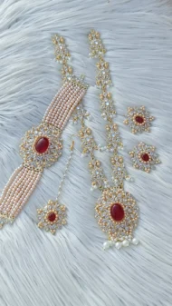 Pearl and White Stone Studded Ruby Mega Bridal Set