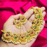 Antique Gold-Plated Floral Choker with Ruby, Emerald, and Pearl Drops
