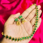 Gold-Plated Teardrop Green Stone Choker with Small Jhumka Set