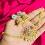 CZ Stone and Kundan Choker with Jhumka Earrings (Green and Pink)
