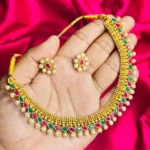 Antique Gold-Plated Choker with Ruby, Emerald, and Pearl Drops