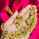 Antique Gold-Plated Choker with Ruby Stone and Pearl Drops