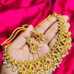 Heavy Antique Gold-Plated Choker with Ruby, Emerald, and Pearl Drops