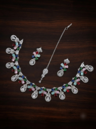 Silver-Plated American Diamond Floral 7 colour Necklace Set with Matching Earrings and Maang Tikka