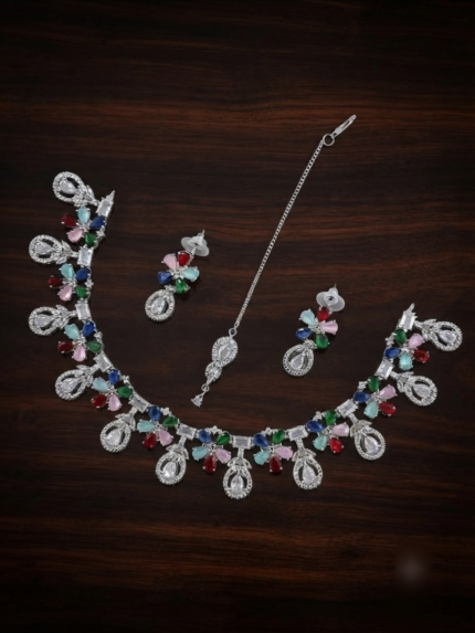 Silver-Plated American Diamond Floral 7 colour Necklace Set with Matching Earrings and Maang Tikka