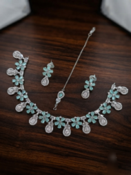 Silver-Plated American Diamond Floral 7 colour Necklace Set with Matching Earrings and Maang Tikka - Image 4