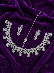 Silver-Plated American Diamond Floral 7 colour Necklace Set with Matching Earrings and Maang Tikka - Image 2