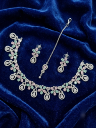 Silver-Plated American Diamond Floral 7 colour Necklace Set with Matching Earrings and Maang Tikka - Image 8