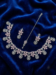 Silver-Plated American Diamond Floral 7 colour Necklace Set with Matching Earrings and Maang Tikka - Image 5