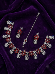 Silver-Plated American Diamond Floral 7 colour Necklace Set with Matching Earrings and Maang Tikka - Image 7
