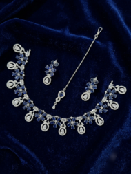 Silver-Plated American Diamond Floral 7 colour Necklace Set with Matching Earrings and Maang Tikka - Image 6