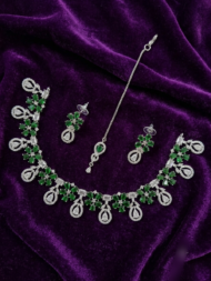 Silver-Plated American Diamond Floral 7 colour Necklace Set with Matching Earrings and Maang Tikka - Image 3