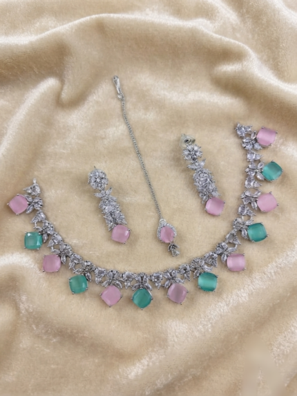 amirican daimond cut necklace earring and tikka
