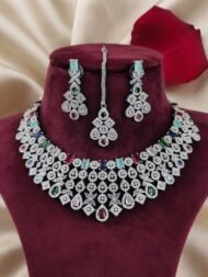 Radiant Emerald and Silver-Tone American Diamond Bridal Necklace Set with Matching Earrings and Maang Tikka - Image 2