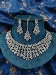 Radiant Emerald and Silver-Tone American Diamond Bridal Necklace Set with Matching Earrings and Maang Tikka - Image 7