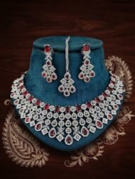 Radiant Emerald and Silver-Tone American Diamond Bridal Necklace Set with Matching Earrings and Maang Tikka - Image 5