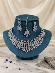 Radiant Emerald and Silver-Tone American Diamond Bridal Necklace Set with Matching Earrings and Maang Tikka - Image 6