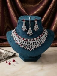Radiant Emerald and Silver-Tone American Diamond Bridal Necklace Set with Matching Earrings and Maang Tikka - Image 4