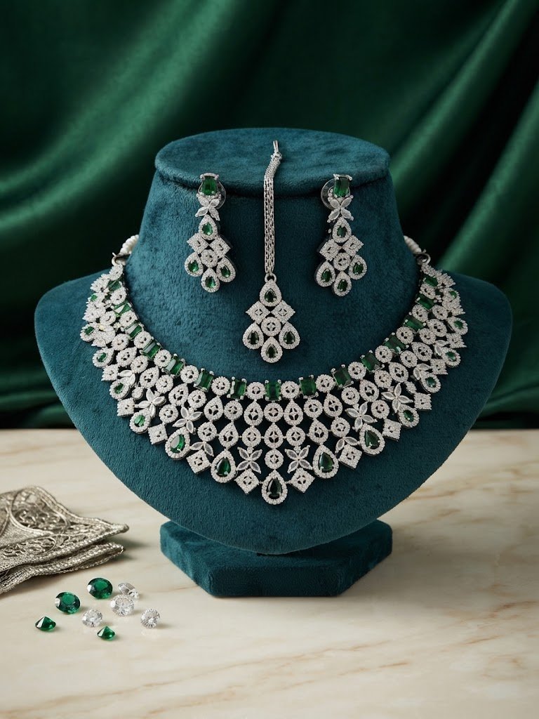 2026/09/195508.jpg Radiant Emerald and Silver-Tone American Diamond Bridal Necklace Set with Matching Earrings and Maang Tikka - Image 1