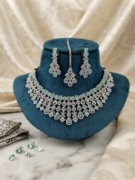 Radiant Emerald and Silver-Tone American Diamond Bridal Necklace Set with Matching Earrings and Maang Tikka - Image 3