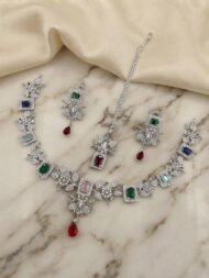 Exquisite American Diamond & Emerald-Cut Gemstone Necklace Set with Maang Tikka - Image 4
