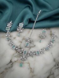 Exquisite American Diamond & Emerald-Cut Gemstone Necklace Set with Maang Tikka - Image 6