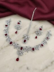 Exquisite American Diamond & Emerald-Cut Gemstone Necklace Set with Maang Tikka