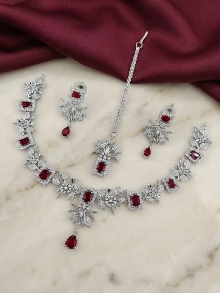 Exquisite American Diamond & Emerald-Cut Gemstone Necklace Set with Maang Tikka
