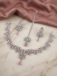 Exquisite American Diamond & Emerald-Cut Gemstone Necklace Set with Maang Tikka - Image 2