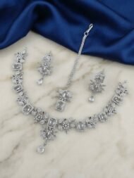 Exquisite American Diamond & Emerald-Cut Gemstone Necklace Set with Maang Tikka - Image 7