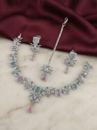 Exquisite American Diamond & Emerald-Cut Gemstone Necklace Set with Maang Tikka - Image 8