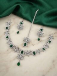 Exquisite American Diamond & Emerald-Cut Gemstone Necklace Set with Maang Tikka - Image 3