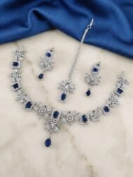 Exquisite American Diamond & Emerald-Cut Gemstone Necklace Set with Maang Tikka - Image 5