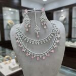 Double-Layer American Diamond Necklace Set with seven colour, Earrings, and Maang Tikka