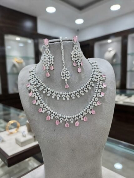 Double-Layer American Diamond Necklace Set with seven colour, Earrings, and Maang Tikka