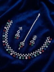 Silver-Plated American Diamond & Teardrop Stone Necklace Set with Maang Tikka - Image 6