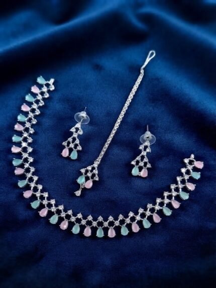 Silver-Plated American Diamond & Teardrop Stone Necklace Set with Maang Tikka