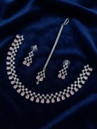 Silver-Plated American Diamond & Teardrop Stone Necklace Set with Maang Tikka - Image 4