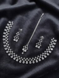 Silver-Plated American Diamond & Teardrop Stone Necklace Set with Maang Tikka - Image 8