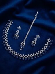 Silver-Plated American Diamond & Teardrop Stone Necklace Set with Maang Tikka - Image 7