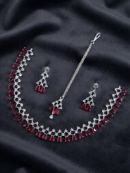 Silver-Plated American Diamond & Teardrop Stone Necklace Set with Maang Tikka - Image 2