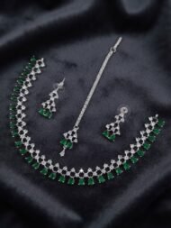 Silver-Plated American Diamond & Teardrop Stone Necklace Set with Maang Tikka - Image 5