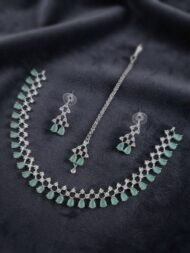 Silver-Plated American Diamond & Teardrop Stone Necklace Set with Maang Tikka - Image 3