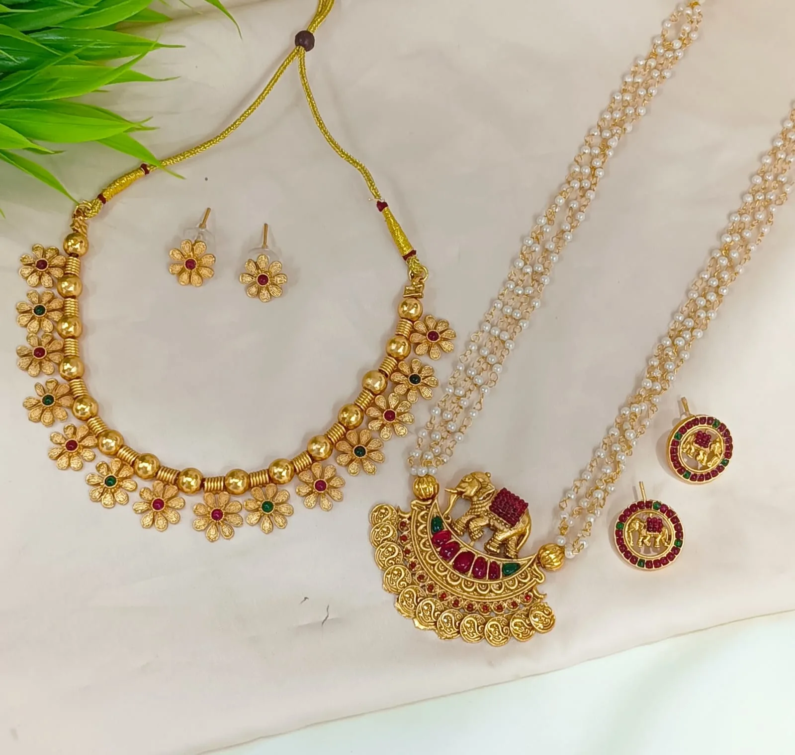Antique Flower Choker and Gajanana Temple Long Necklace Set