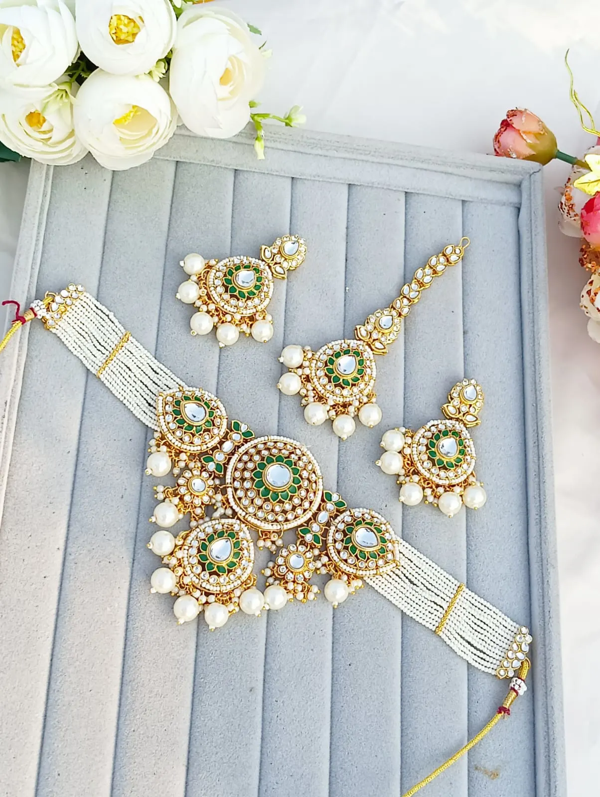 Green Minakari and Kundan Work Pearl Bridal Choker Set