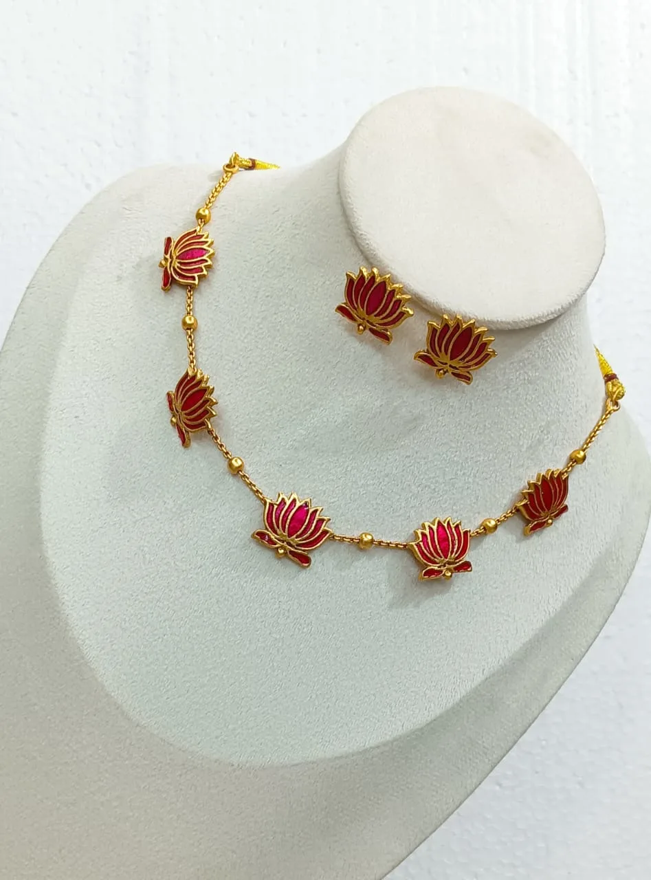 Red Meenakari Enamel Lotus Choker Necklace and Earring Set