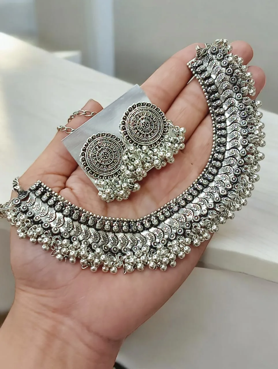 German Silver Oxidized Coin Choker and Jhumka Set