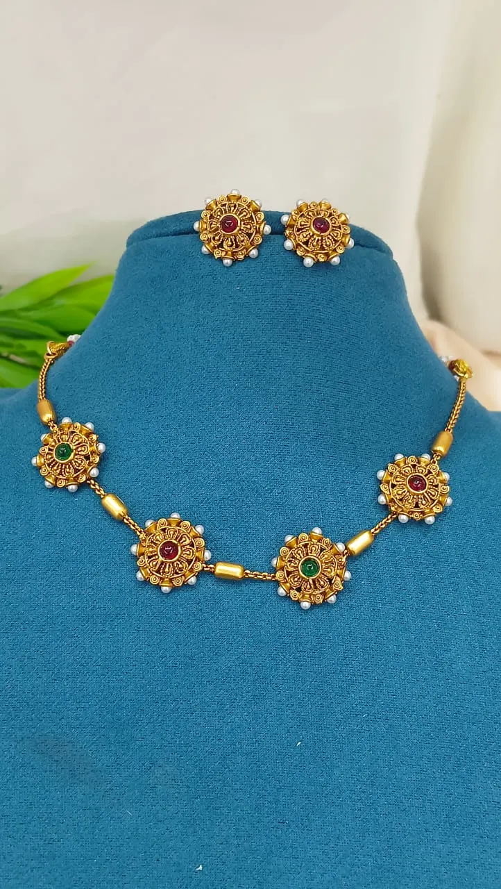 Antique Gold Finished Ruby Emerald Flower Choker Set