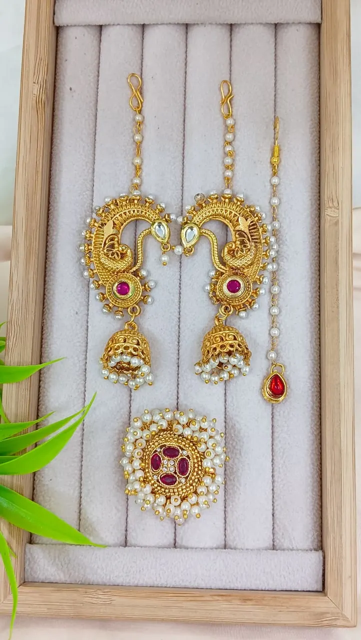Gold Plated Peacock Jhumka Earring and Ring Set with Sahare